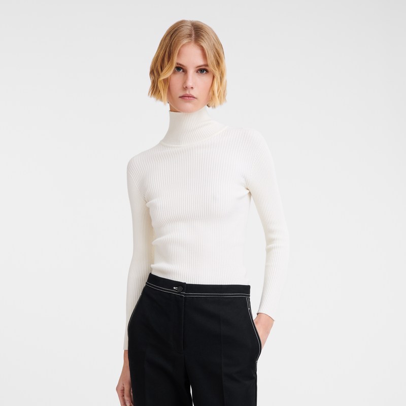 Longchamp High Collar Fitted Jumper Ecru | LVCG30658